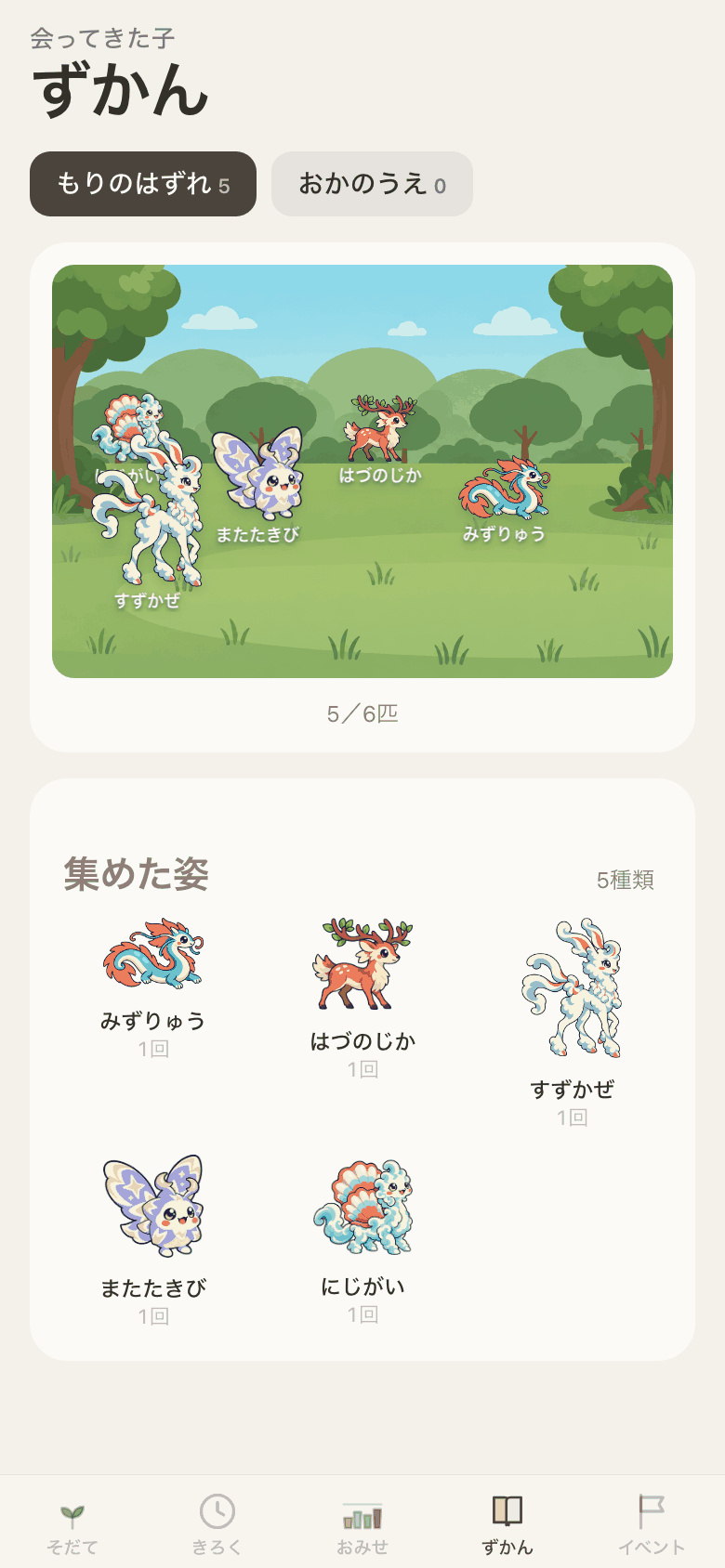 ずかん画面。森に旅立った子が住んでいる